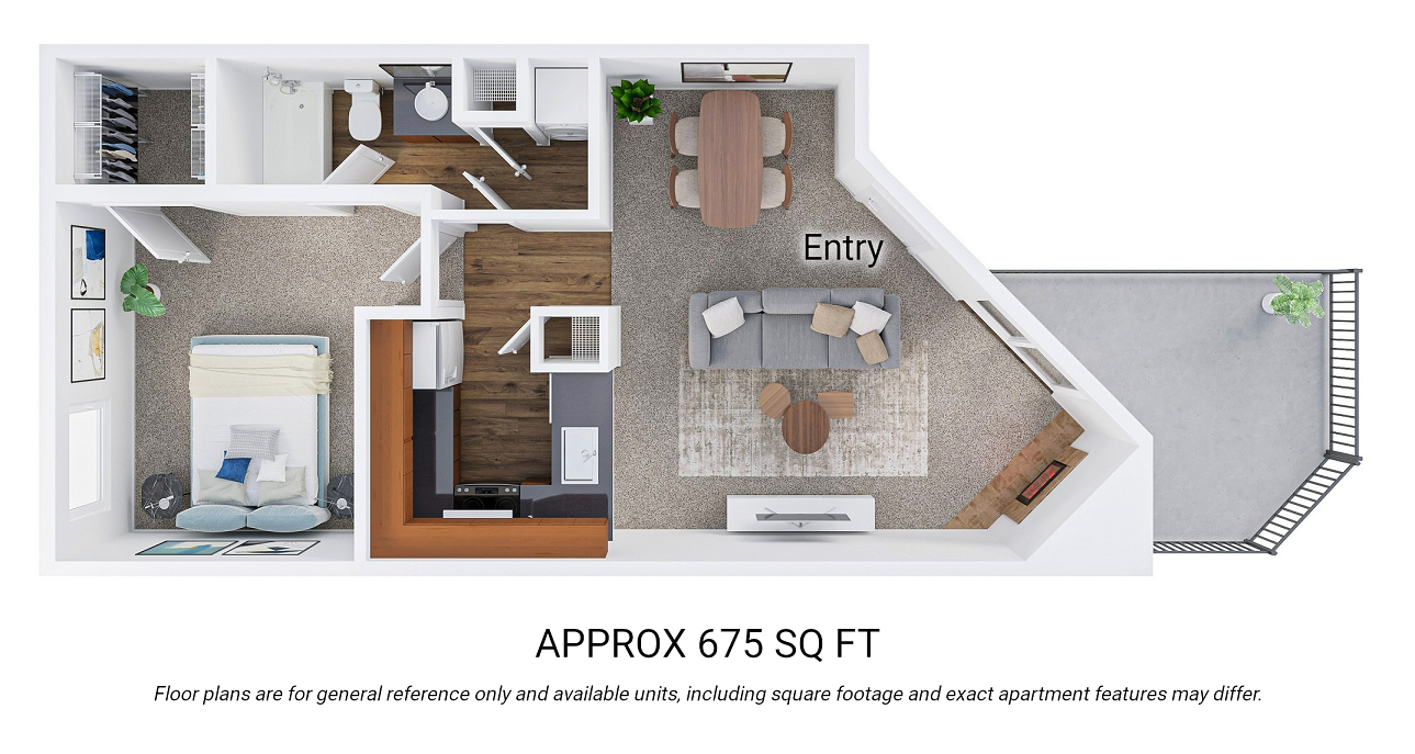 Floor plan for 1 bed, 1 bath, 675 sqft
